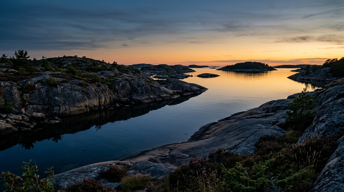 Skandinavisk skärgårdshorisont i skymning